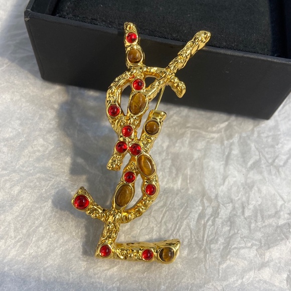 Saint Laurent Cassandre Gold-Tone Tiger's Eye And Sunstone Brooch - Picture 1 of 7